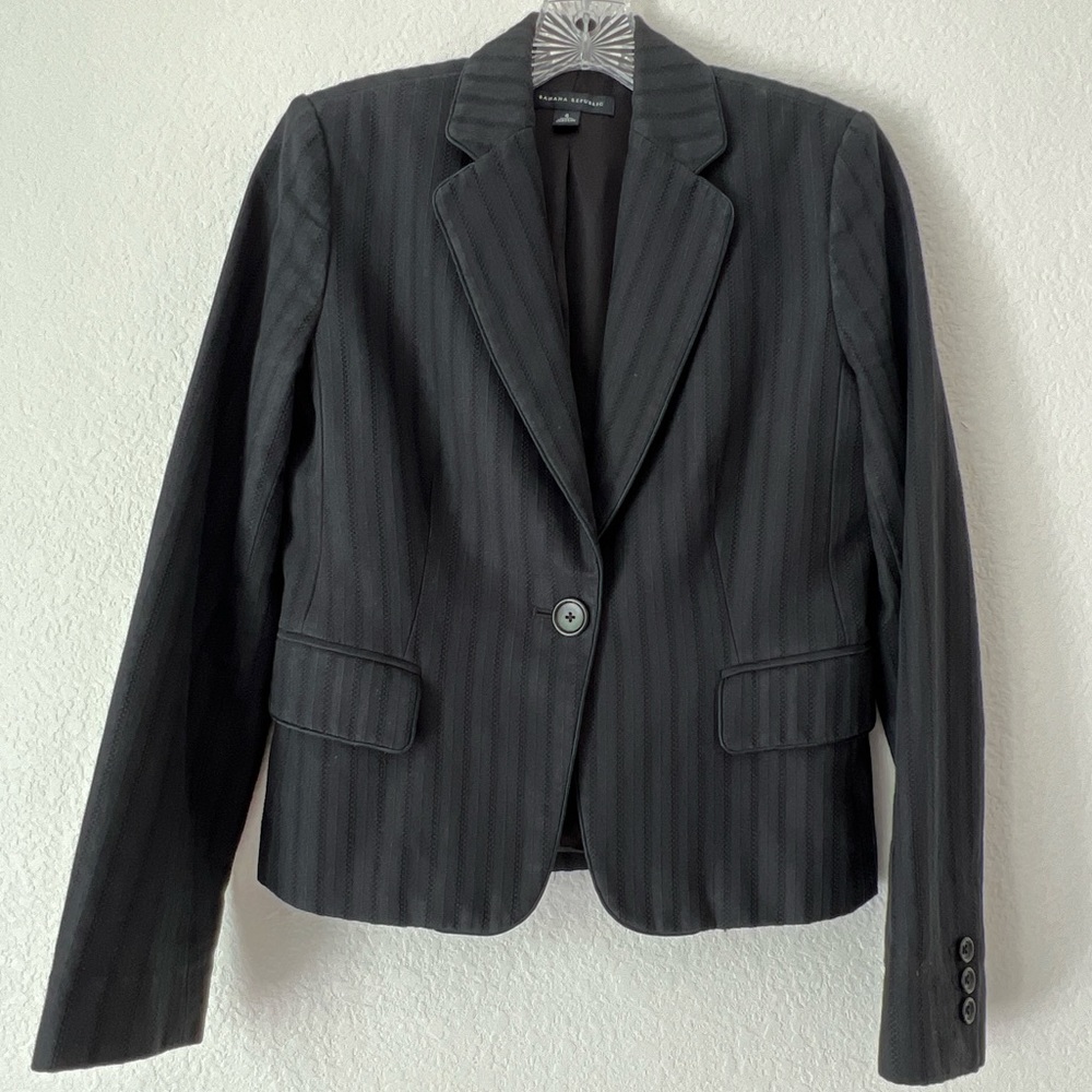 Banana Republic Black Cotton Monochromatic Textured Stripe 1 Button Blazer Sz 4